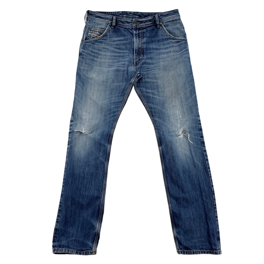 Diesel Krooley Regular Slim Carrot Jeans Blue Wash 0R0S3 Mens Sz 33 Distressed